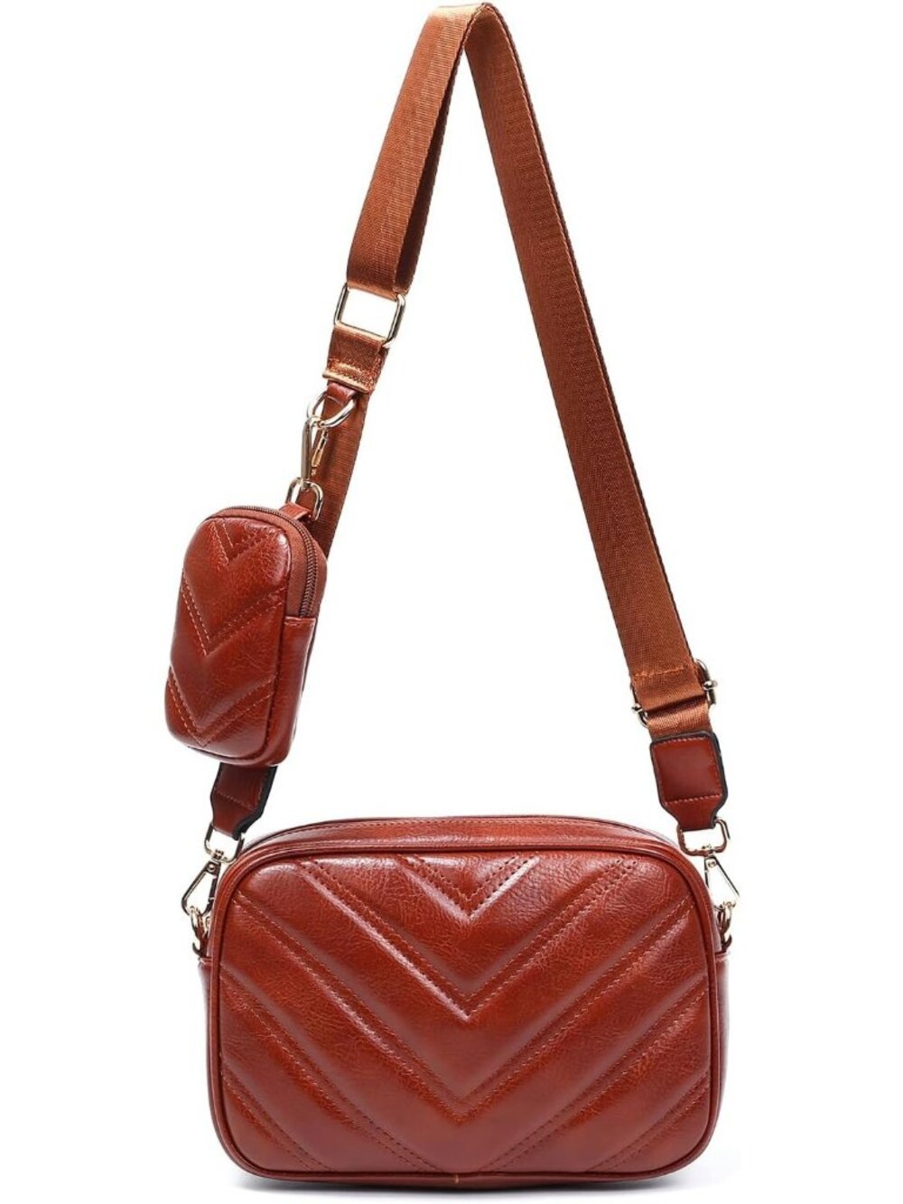 Women Tan Vegan Leather Quilted Small Coin Pouch Strap Crossbody Bag
